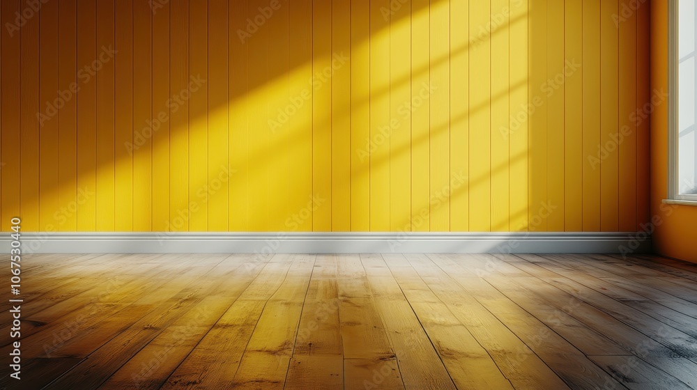 Wall mural a bright yellow room with wooden floors is illuminated by sunlight streaming through a large window,