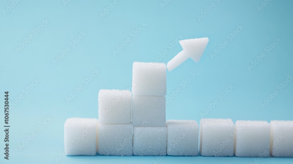 Poster ascending sugar graph on light blue background warns of health risks from excessive sugar consumptio