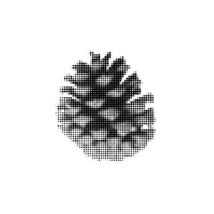 Small dry fir cone isolated on white background. Halftone effect. 90s. Dots. Trendy vintage style. Decorative design element. Winter. Realistic. Vector illustration.