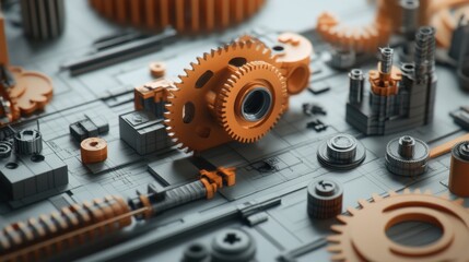 Mechanical design illustration, featuring gears, blueprints, and 3D models, flat and detailed vector