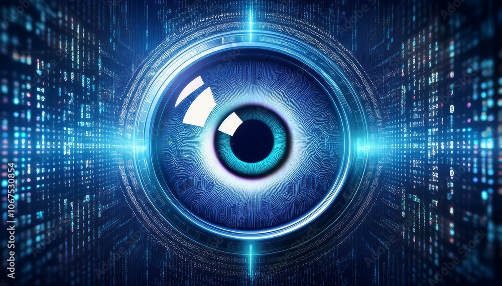 Poster digital eye of surveillance: a piercing blue eye, rendered in a futuristic and abstract style, gazes