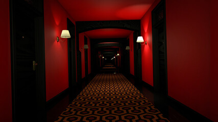 Scary hotel corridor with lights and red walls. Dark hallway with lamps and doors. 3d render.