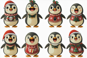 A set of emidji cartoon penguins on a white background in Christmas clothes expressing different emotions. 