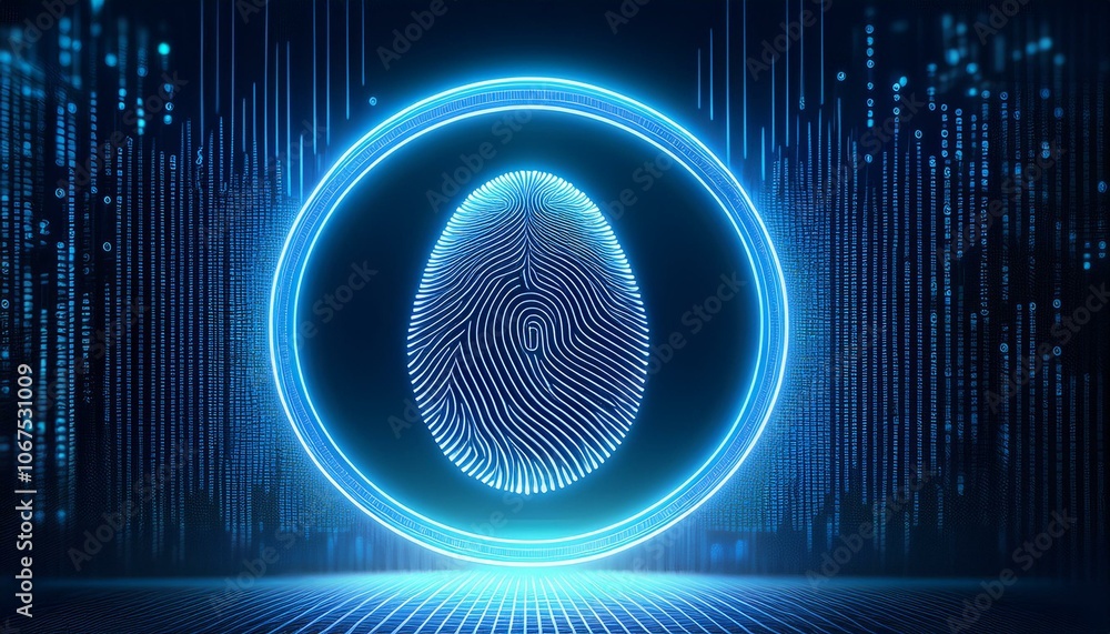 Poster digital fingerprint: a futuristic concept of digital identity, represented by a glowing fingerprint 