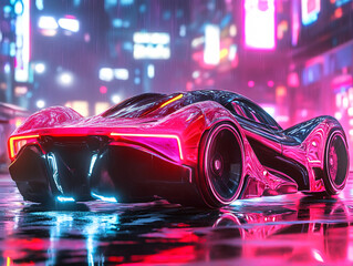 Futuristic Supercar in Cyberpunk City Night