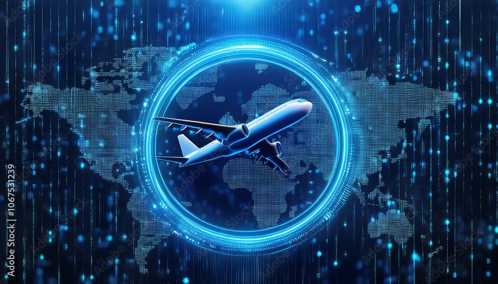 Poster global flight network: a futuristic digital visualization of an airplane soaring within a glowing ci