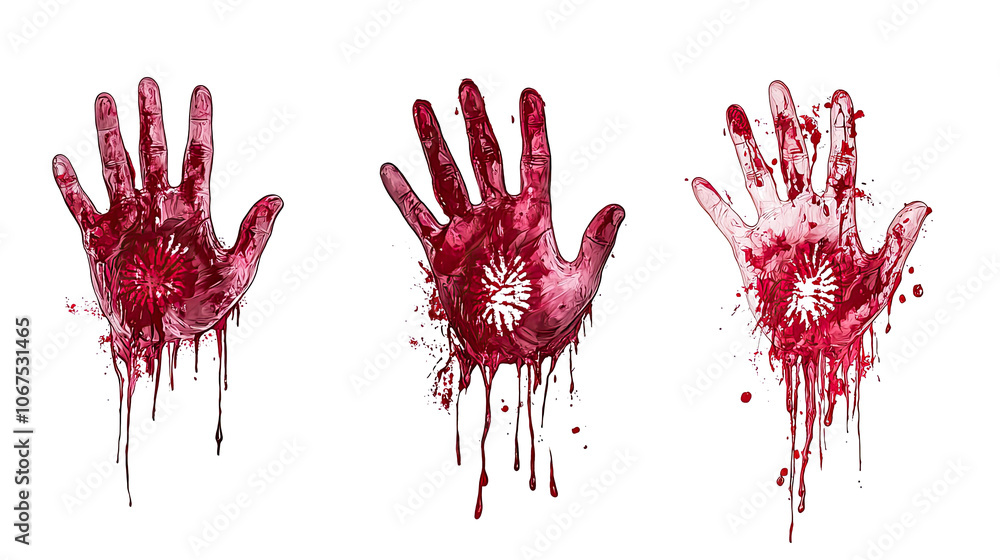 Poster red blood handprints with spatters on a clear background generative ai