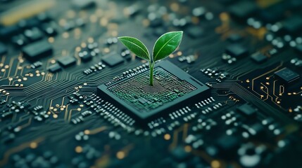 Eco-Friendly Technology: Green Plant Growing on a Circuit Board. AI generated illustration