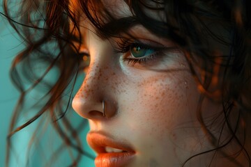 Fototapeta premium Captivating Close-Up of a Freckled Face with Curly Hair and Mesmerizing Eyes