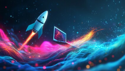 Rocket-Powered Laptop Soaring Through Colorful Abstract Waves. AI generated illustration