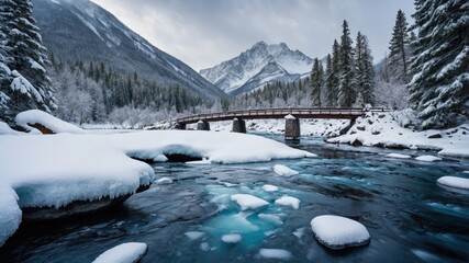 Fototapeta premium A picturesque bridge over a river in winter, with snow gently falling and trees blanketed in frost, creating a quiet, magical scene
