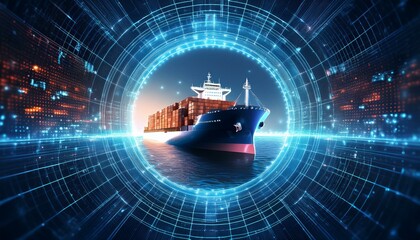 Cargo Ship in Digital Realm: A majestic cargo ship sails through a swirling vortex of digital data, symbolizing the convergence of global trade and technology. The vessel.