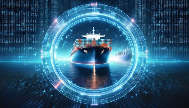 A Ship at the Forefront of Innovation: A futuristic vision of a container ship navigating a digital landscape, showcasing the intersection of maritime technology and the digital age.