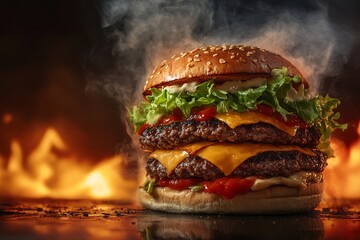 Fiery Double Meat Hamburger Surrounded by Flames. AI generated illustration