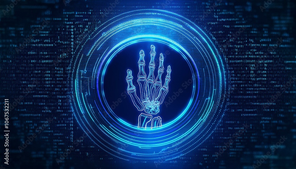 Poster biometric security scan: futuristic hand scan. a glowing blue digital hand scan appears in a circula