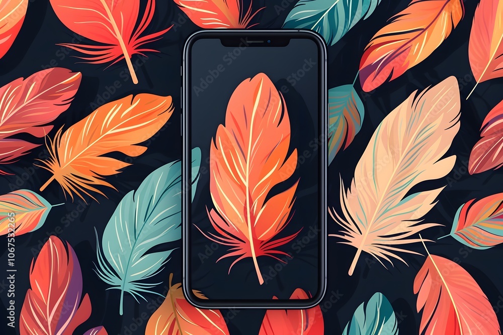 Poster vibrant feather pattern with smartphone displaying colorful leaves