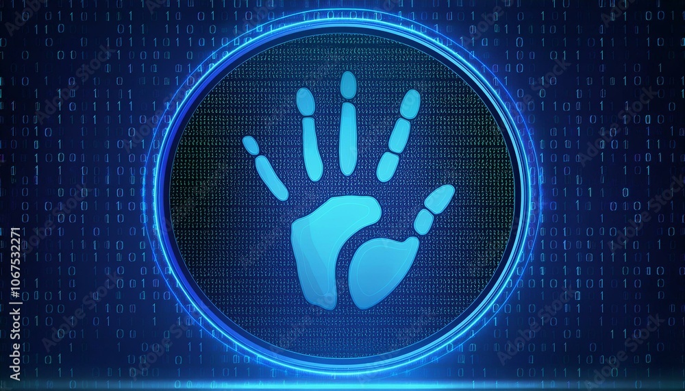 Aufkleber cybersecurity fingerprint: a glowing blue fingerprint inside a circle, against a backdrop of blue di