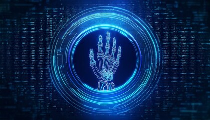 Biometric Security Scan: Futuristic Hand Scan.  A glowing blue digital hand scan appears in a circular interface against a dark blue technology background.  This image evokes themes of security.