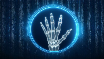 Digital Hand X-Ray Scan: Futuristic medical technology concept. A glowing digital x-ray of a human hand is displayed within a vibrant blue circle, set against a backdrop of cascading binary code.