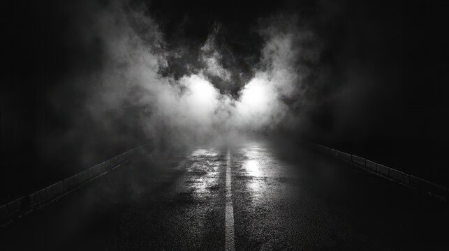 Black background of empty street, room, spotlight illuminates asphalt, smoke