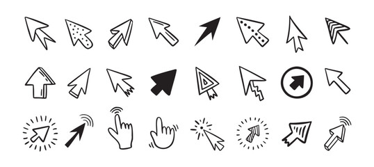 Cursor doodle icon set. Click cursor hand drawn set. Isolated mouse cursor 