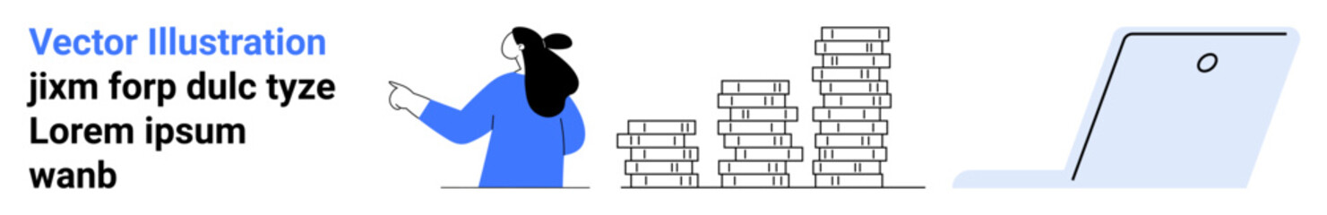 Woman gesturing towards stacked coins while presenting data. Laptop in view. Ideal for finance, business strategy, online presentations, educational content, startup pitches, investment plans