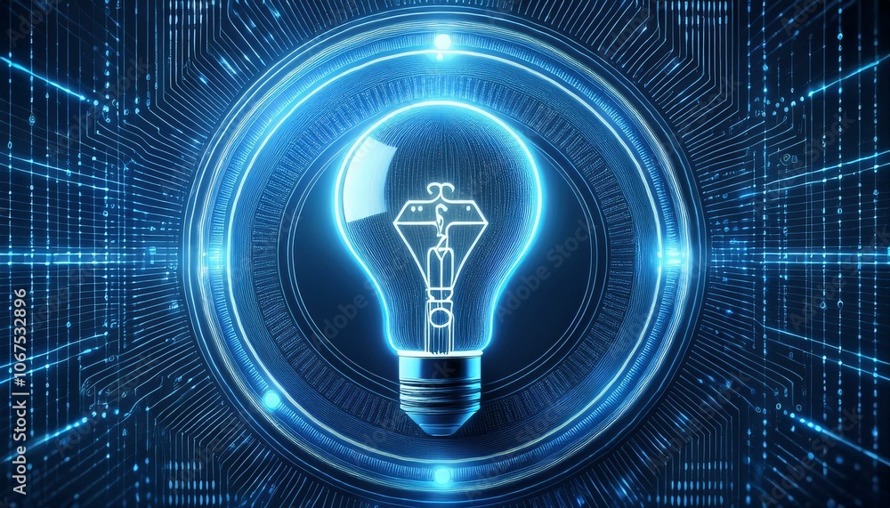 Poster digital innovation: a glowing light bulb, symbolic of ideas and innovation, shines brightly within a