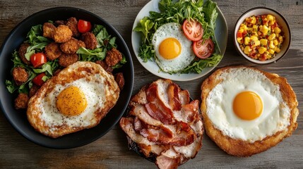 A diverse breakfast spread featuring fried eggs, salads, ham, and a fresh vegetable salsa, arranged aesthetically on a wooden surface.