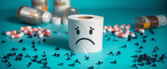 Fototapeta na wymiar Sad toilet paper, hemorrhoid treatment concept