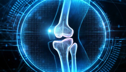 Digital Knee X-Ray: Futuristic medical scan of a human knee joint, highlighted in vibrant blue hues within a technological circular interface. Perfect for medical, technological.