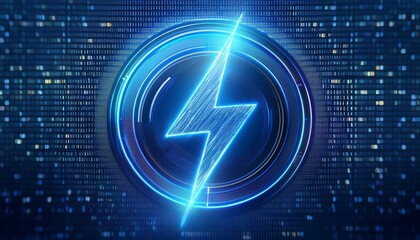 Electric Power Symbol: A blue neon lightning bolt symbol within a circular frame, set against a digital blue background.  This graphic represents energy, speed, power, and innovation.
