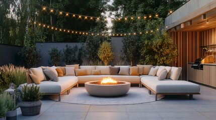 Upscale Outdoor Living Area with Seating and Fire Pit at Dusk. AI generated illustration