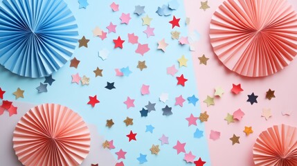 Festive Paper Decorations with Colorful Stars and Confetti
