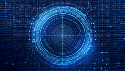 Cybersecurity Target: Abstract digital target interface on a dark blue background with binary code. Futuristic concept for data protection, network security, and technological innovation.
