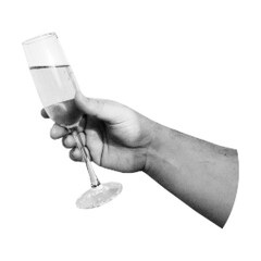 Man's hand holds a glass of champagne and white wine. Cheers. Festive toast. Congratulation. Halftone effect. Vintage style. Celebrating Christmas, New Year, party and wedding. Vector illustration.