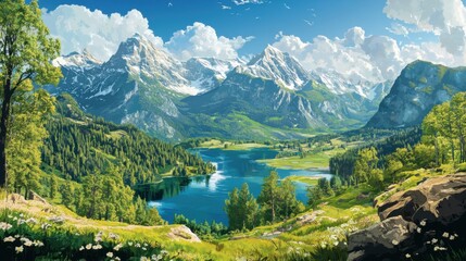 Nature panorama vector, showing a wide view of mountains, lakes, and forests, colorful and bright illustration