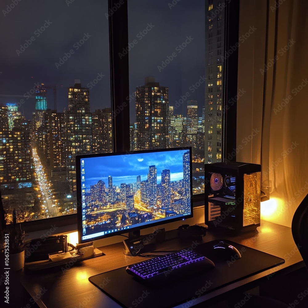 Poster a desktop computer sits on a desk, with a view of the city lights at night.