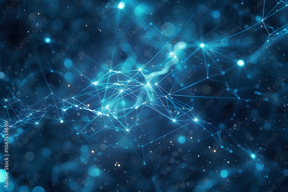 Poster abstract blue network visualization with glowing nodes and connections