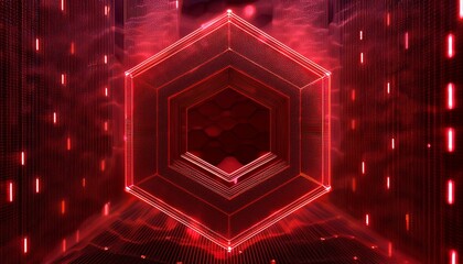 Red Hexagon Portal: An abstract and futuristic design featuring a glowing red hexagonal portal amidst a grid of red lines. The image evokes a sense of mystery, possibility, and the unknown.  