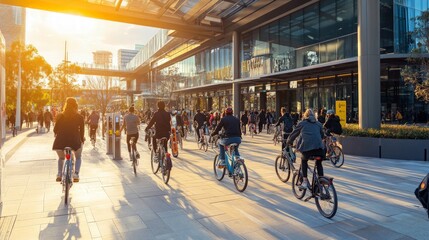 Urban bike-sharing hub bustling with commuters, vibrant activity as individuals select bicycles, modern city skyline showcasing contemporary architecture in the background