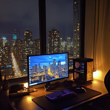 A desktop computer sits on a desk, with a view of the city lights at night.
