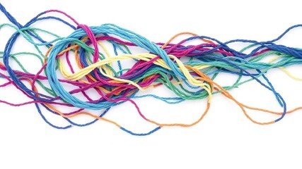 Variocolored thread in a swirling pattern against a clean white background, texture, creative, spool