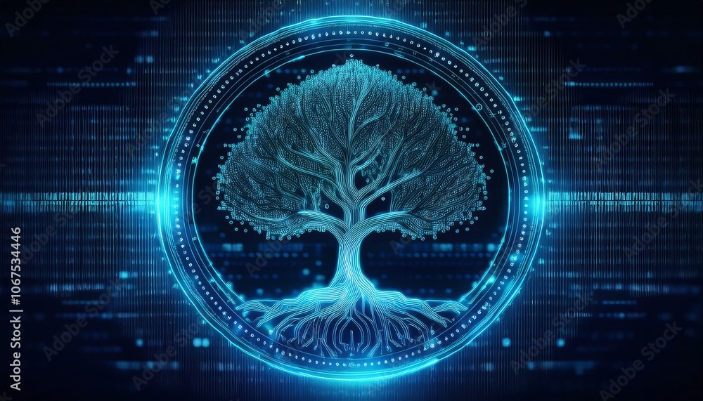 Poster digital tree of knowledge: a glowing blue tree with intricate roots and branches emerges from a digi