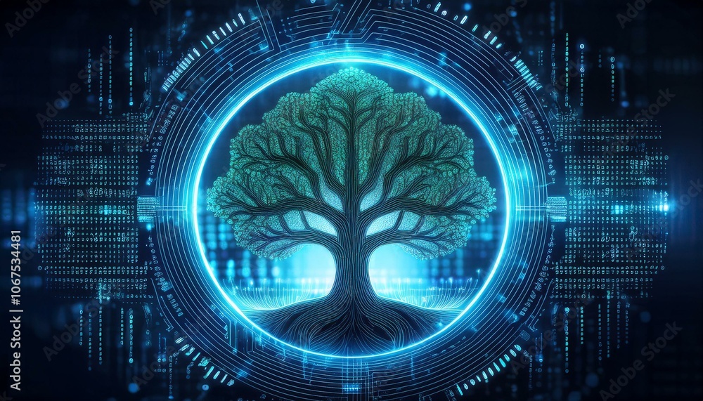 Poster digital tree of life: glowing mystical tree emblem in futuristic digital circuit board. abstract tec
