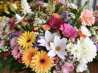 Vibrant bouquet of assorted flowers in a florist shop display with elegant arrangement and various colors, display, colors, elegant