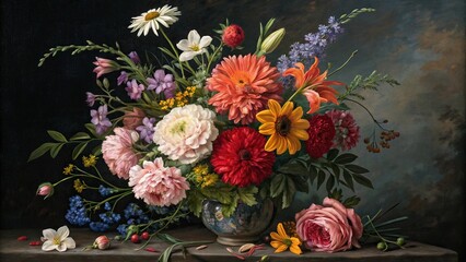 Obraz premium Vibrant floral arrangement with bold brushstrokes and colorful blooms set against a contrasting dark background, dynamic composition, geometric patterns, bold brushstrokes