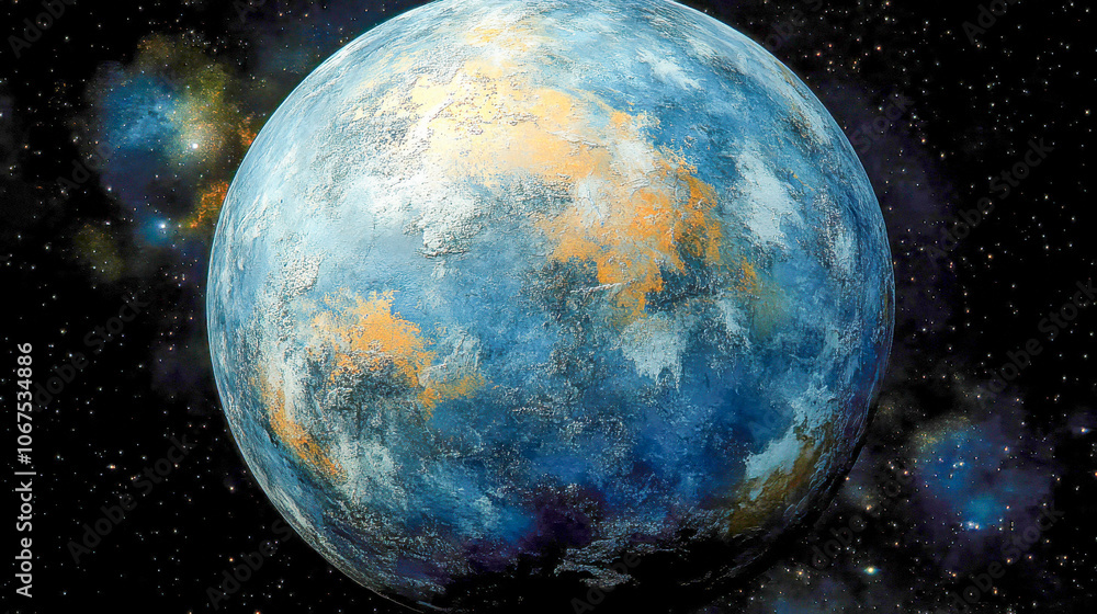 Poster textured blue and orange planet floating in space with a cosmic background