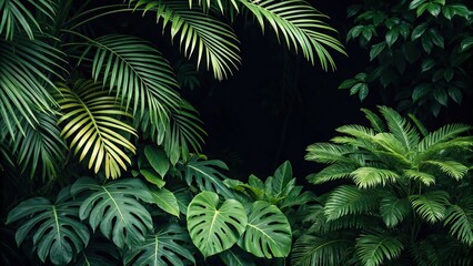 Vibrant green foliage of tropical plants against a dark background, dark tones, garden elements, outdoor setting, closeup nature photography