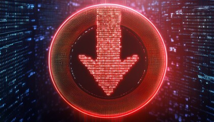 Cybernetic Download: Glowing red arrow in a digital matrix. Futuristic data stream concept.