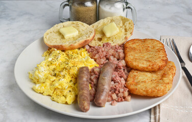 scramble eggs with corn beef hash and  hash browns